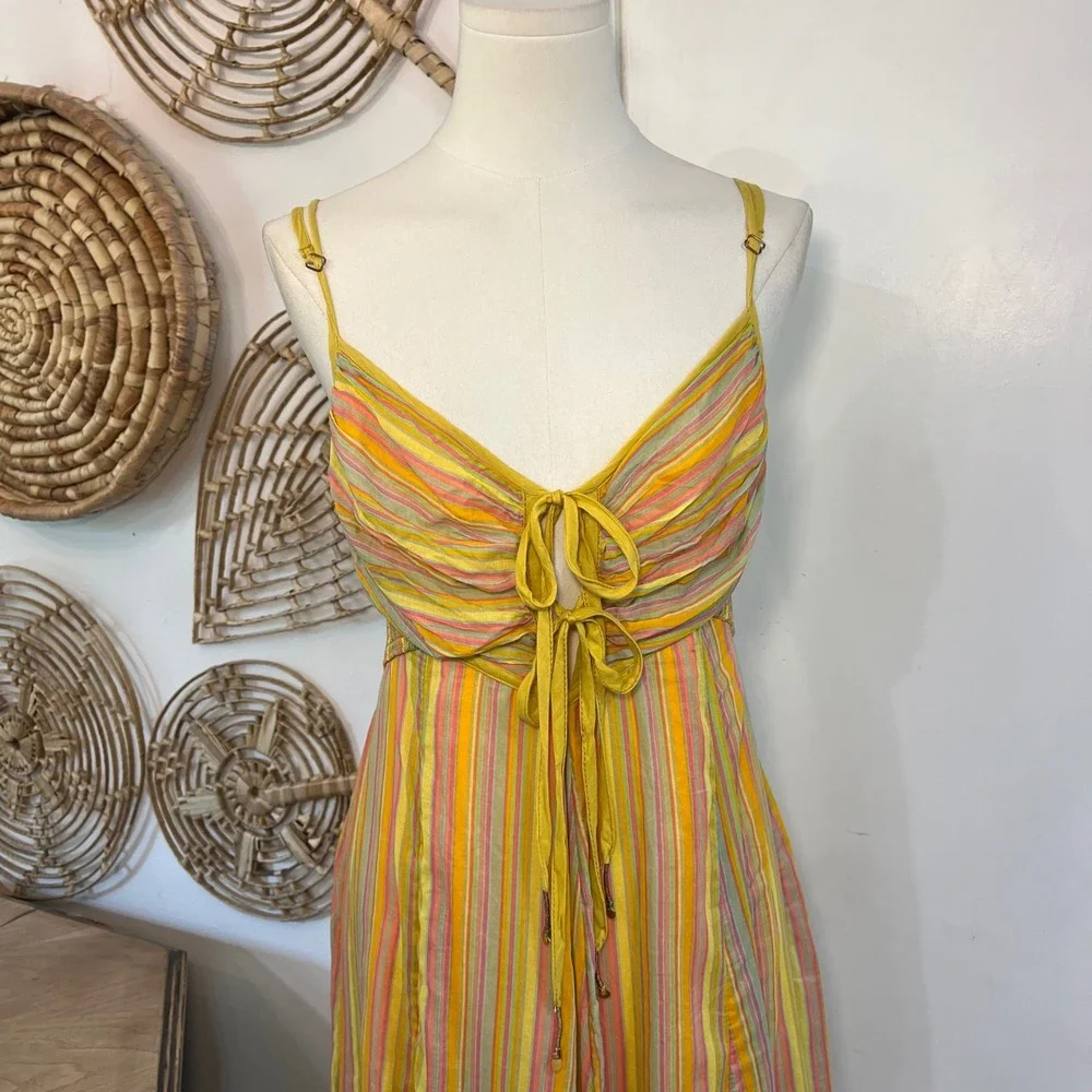Free People Yellow Striped Cotton Dream Weaver Maxi Boho Sundress Size M - Picture 3 of 9